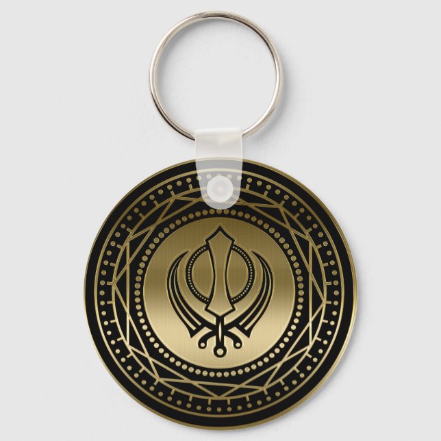 Dekoratives Khanda-Symbol Gold auf schwarz Schlüsselanhänger (Vorderseite)