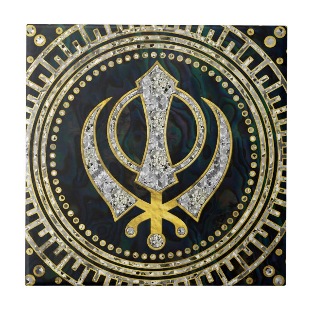 Dekoratives Khanda Symbol mit Edelsteinen u. Gold Fliese (Vorderseite)