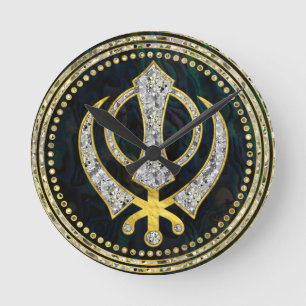 Dekoratives Khanda Symbol mit Edelsteinen u. Gold Runde Wanduhr
