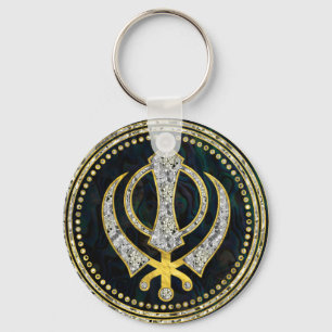 Dekoratives Khanda Symbol mit Edelsteinen u. Gold Schlüsselanhänger