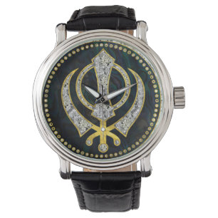 Dekoratives Khanda-Symbol mit Edelsteinen und Gold Armbanduhr