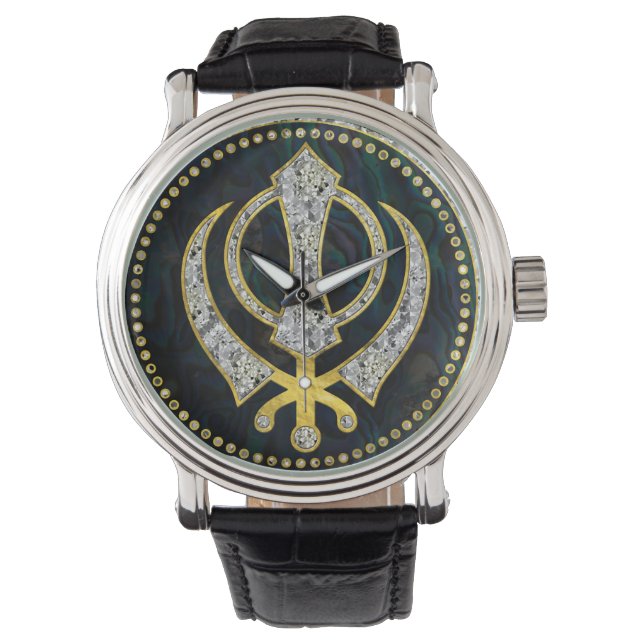 Dekoratives Khanda-Symbol mit Edelsteinen und Gold Armbanduhr (Vorderseite)