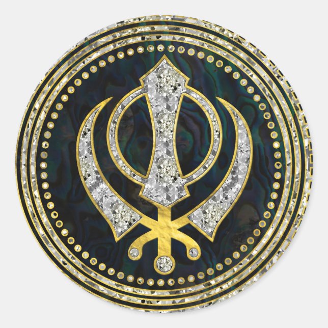 Dekoratives Khanda-Symbol mit Edelsteinen und Gold Runder Aufkleber (Vorderseite)