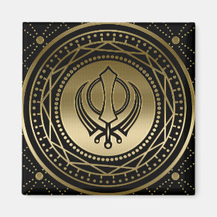 Dekoratives Khanda Symbolgold auf Schwarzem Magnet