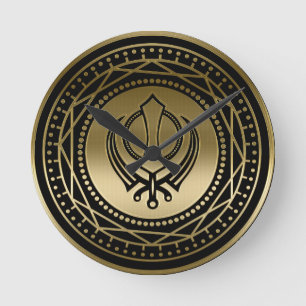 Dekoratives Khanda Symbolgold auf Schwarzem Runde Wanduhr