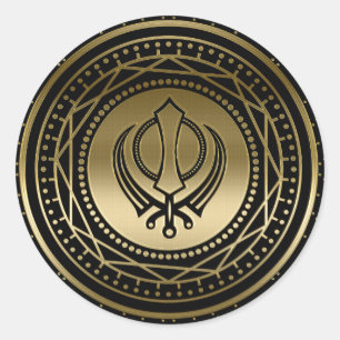 Dekoratives Khanda Symbolgold auf Schwarzem Runder Aufkleber