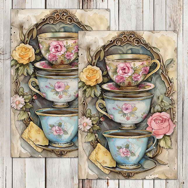 DEKORATIVES PAPER MIT TEETASSEN - DEKUPAGE SEIDENPAPIER (STACKED TEA CUPS DECOUPAGE TISSUE PAPER)