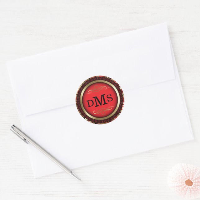 Dekoratives Rot- und Golddesign mit Monogramm Runder Aufkleber (Umschlag)