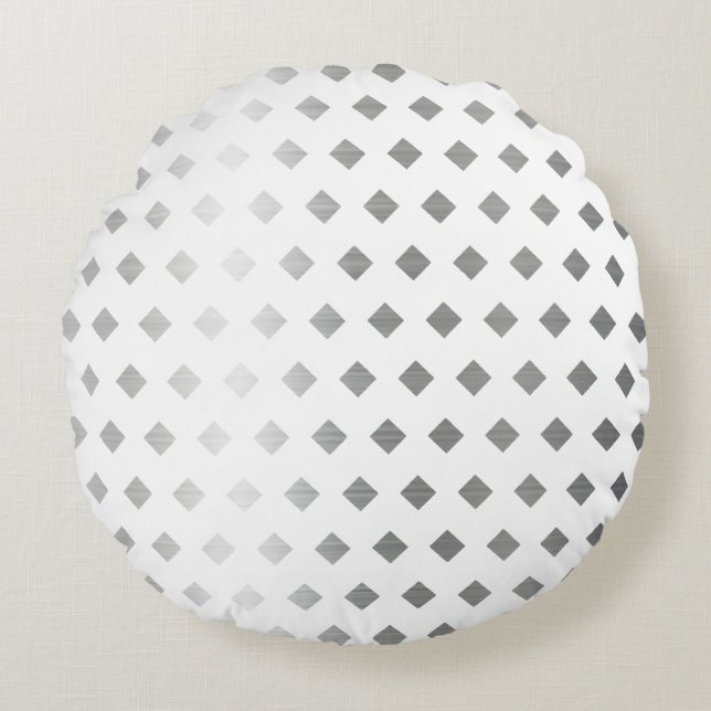 Dekoratives Silbergrau-weißes Diamantmuster Rundes Kissen (Vorderseite)