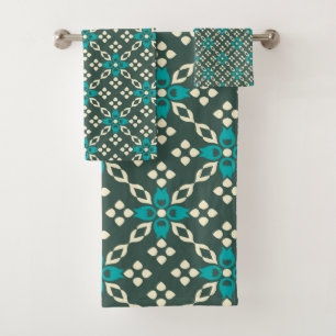 Dekoratives Verziertes Retro-Fliesenmuster in Aqua Badhandtuch Set