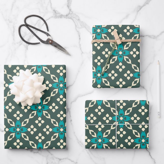 Dekoratives Verziertes Retro-Fliesenmuster in Aqua Geschenkpapier Set (Vorderseite)