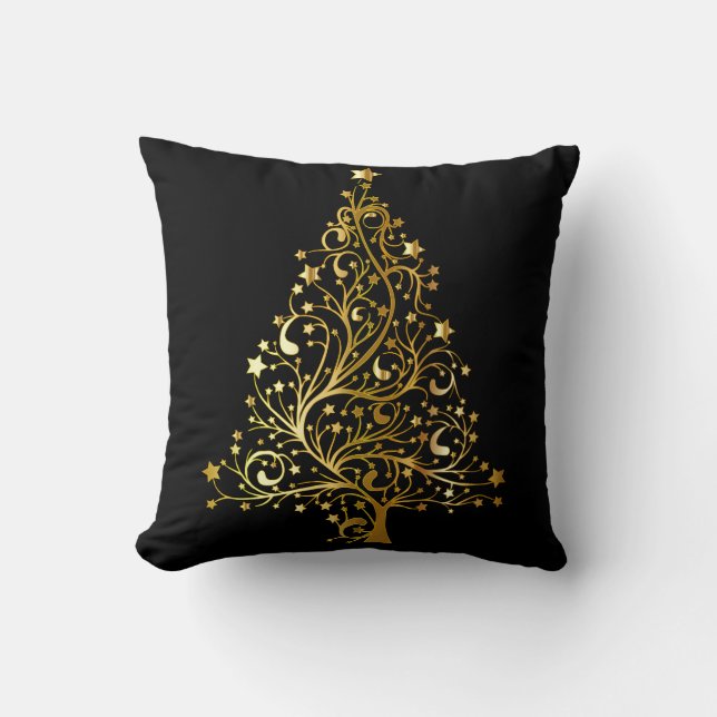 Dekoratives WeihnachtsgoldGlitzer-Baum-Schwarzes Kissen (Vorderseite)