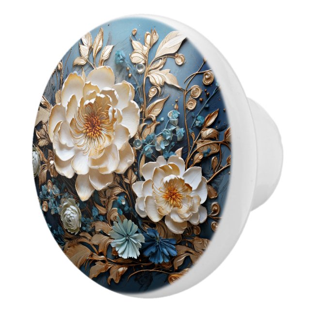 Dekorgold und aquamarin blaues Blumendesign Keramikknauf (Rechts)