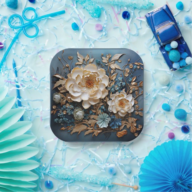 Dekorgold und aquamarin blaues Blumendesign Pappteller (Party)