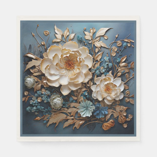 Dekorgold und aquamarin blaues Blumendesign Serviette (Vorderseite)