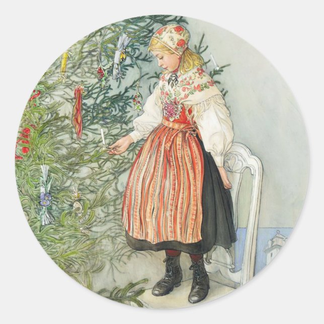 Dekorieren des Weihnachtsbaumes - Carl Larsson Runder Aufkleber (Vorderseite)