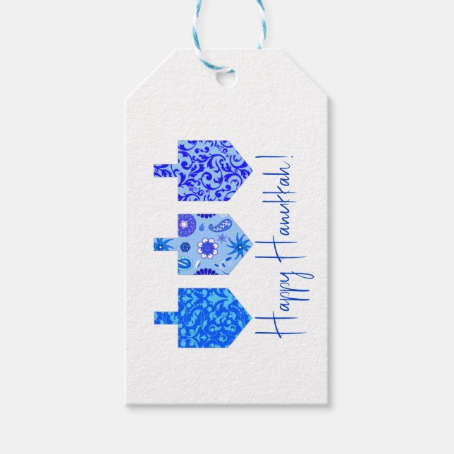 Dekorierte Dreidels weiß Geschenkanhänger (Vorderseite)