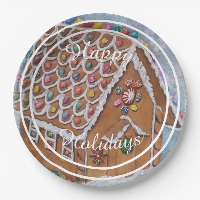 Dekorierte Gingerbread House Happy Holiday Party Pappteller (Vorderseite)