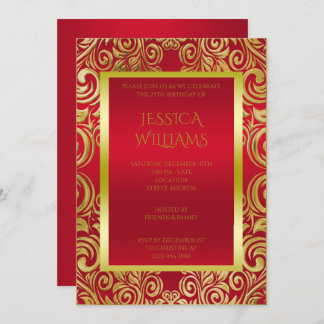Dekorierte Gold Wirbel & Ruby Red Geburtstagsparty Einladung