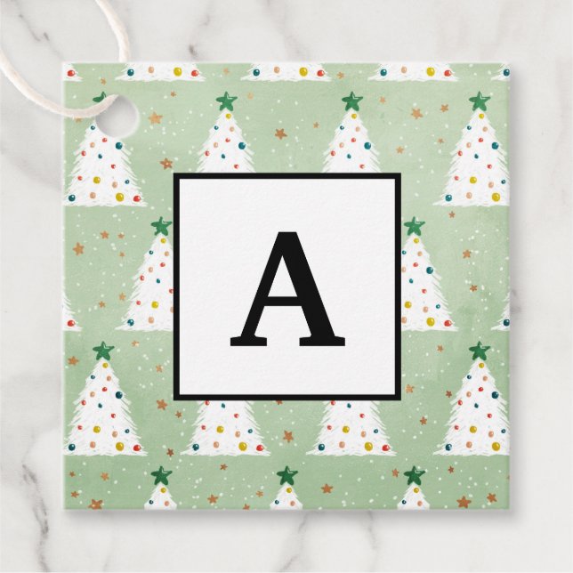 Dekorierte weiße Weihnachtsbaumen Grüner Stern & O Geschenkanhänger (Vorderseite)