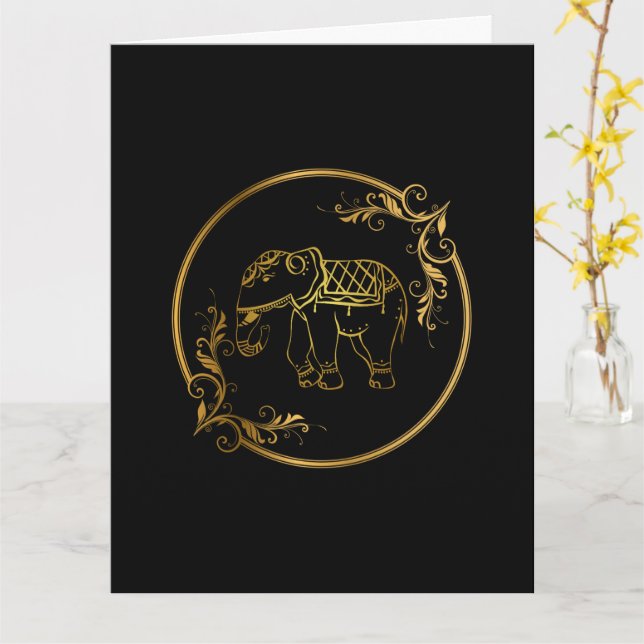 Dekorierter indischer Elefant in Goldrahmen Lotus Karte (Gelbe Blume)