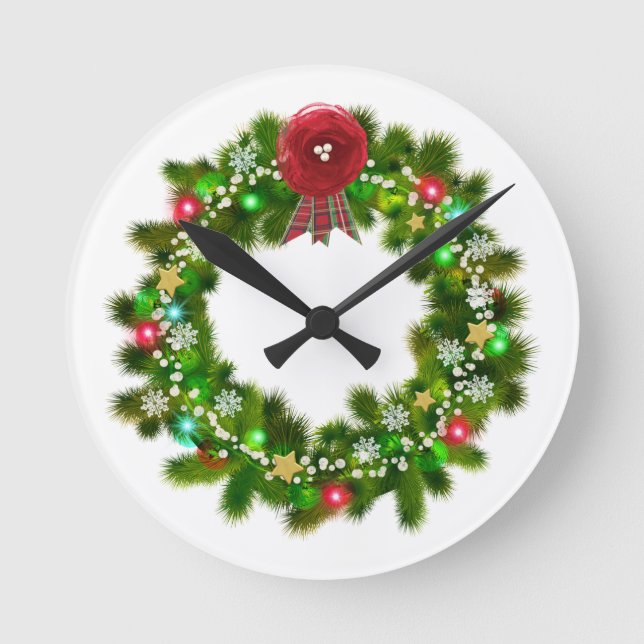 Dekorierter Weihnachtskranz Runde Wanduhr (Vorderseite)