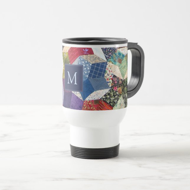 Dekorpatchwork-Sternenmuster-Monogramm Reisebecher (VorderseiteRechts)