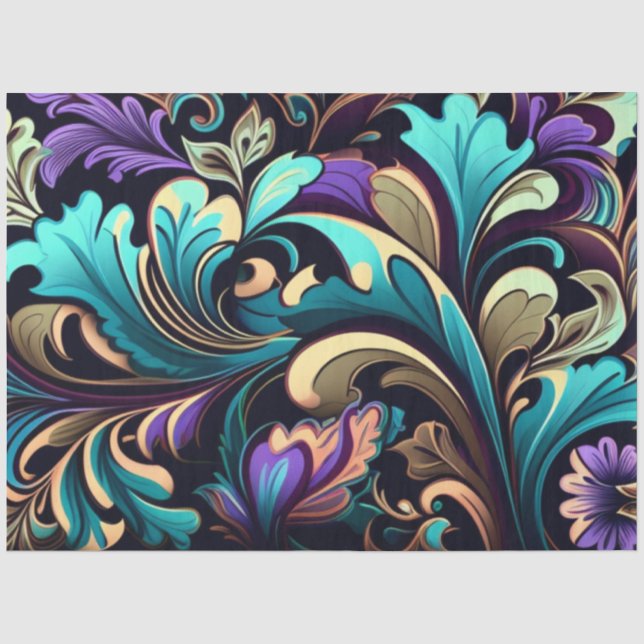 Dekoupage Abstrakt Floral Muster Lila Blau Seidenpapier (Vorderseite)