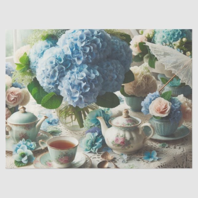 Dekoupage Blue Hydrangea und Teapot Tissue Paper Seidenpapier (Vorderseite)