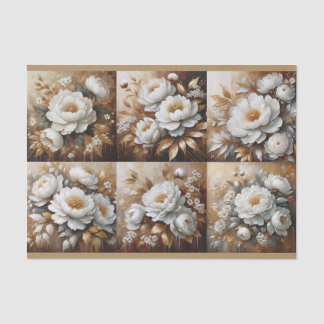 Dekoupage der Ölgemälde "Peony White" und "Gold" Seidenpapier (Vorderseite)