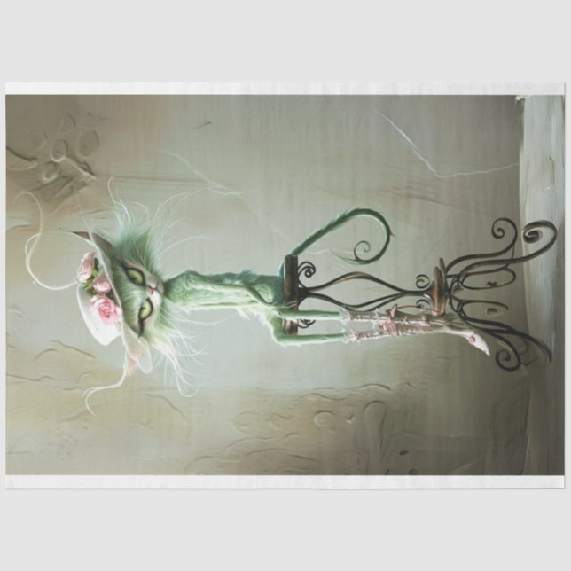 Dekoupage der Vintagen Furry Sage Grüne Katze Seidenpapier (Vorderseite)