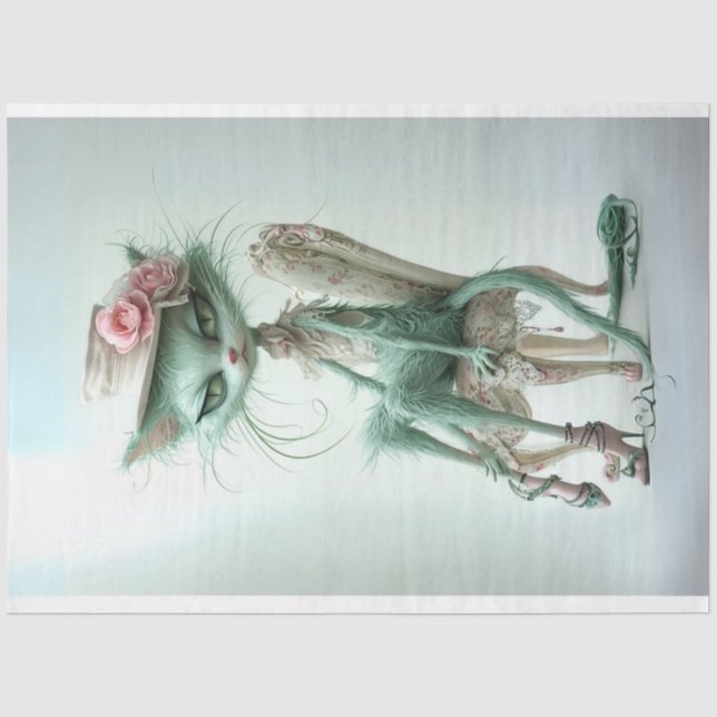 Dekoupage der Whimsical Furry Sage Green Cat Seidenpapier (Vorderseite)