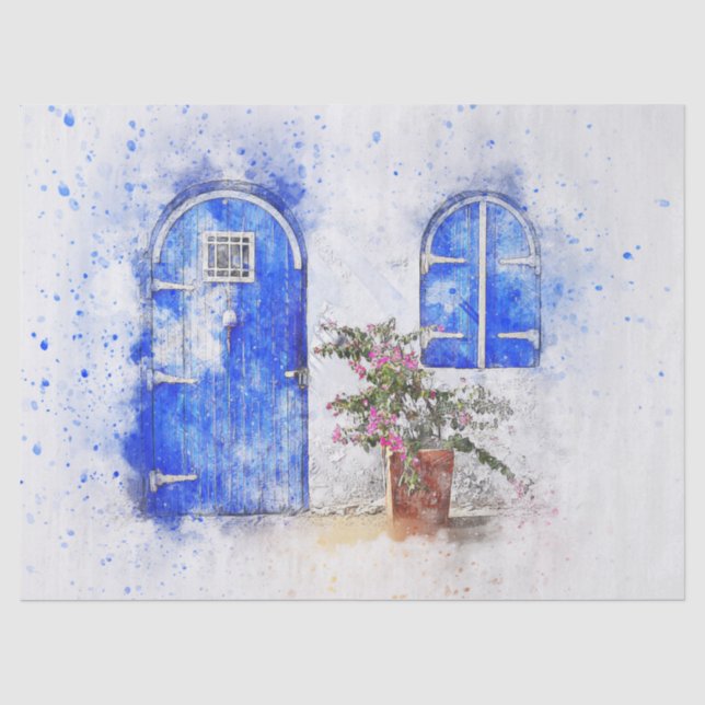 Dekoupage des blauen Fensters und der Tore Seidenpapier (Vorderseite)