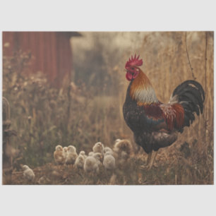 Dekoupage Farm Rooster mit Chicks Field Red Stall Seidenpapier