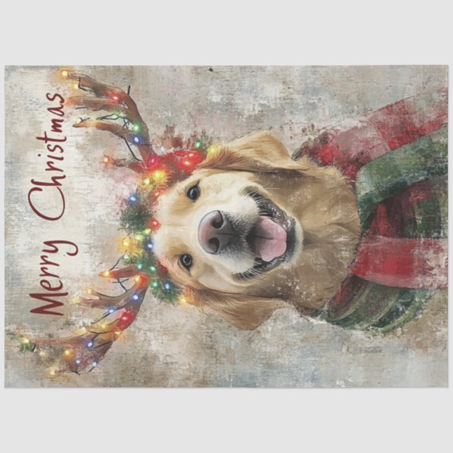 Dekoupage Golden Retriever Antlers & Christmas Seidenpapier (Vorderseite)