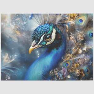 Dekoupage Mystical Peacock in Blue Beige Gold Hues Seidenpapier