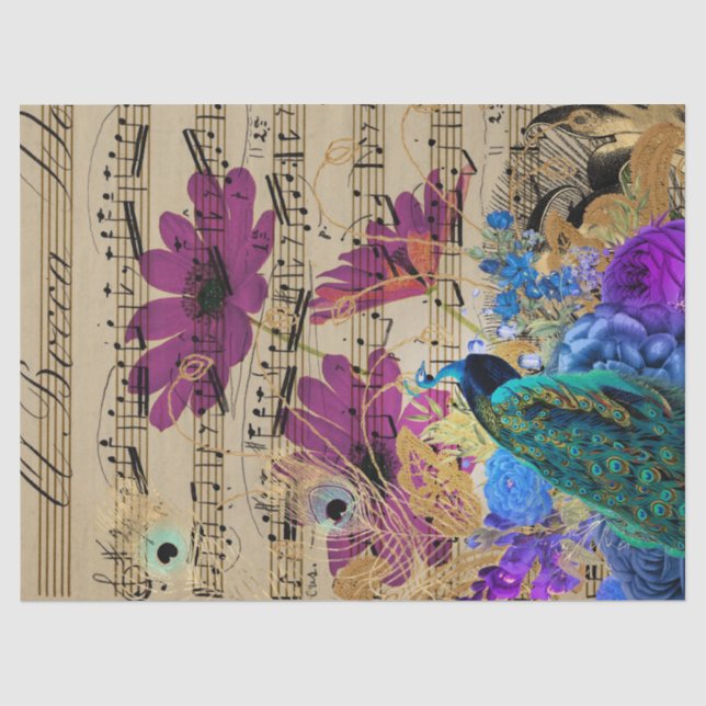Dekoupage Paper für Pfau, Noten und Blume Seidenpapier (Vorderseite)