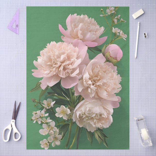 Dekoupage Pink Peongs on Green Background Floral Seidenpapier (Basteln)