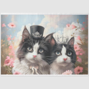Dekoupage Schwarz-weiß Cat Couple Field Blume Seidenpapier