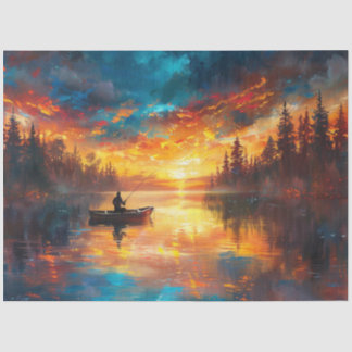 Dekoupage Vibraning Fishing Scene Lake View Seidenpapier