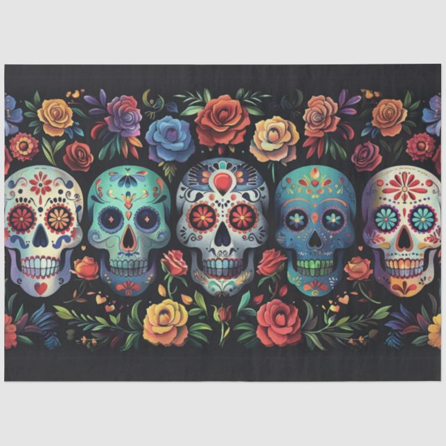 Dekoupage Vibrant Day of Dead Skulls Folk Art Seidenpapier (Vorderseite)