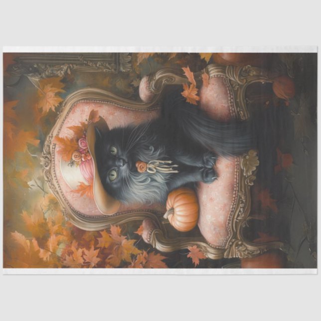 Dekoupage Vintag Setting Black Cat Fall Season Seidenpapier (Vorderseite)
