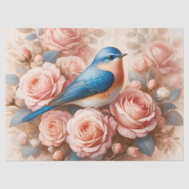 Dekoupage von Bluebird und Blush Pink Roses Seidenpapier (Vorderseite)