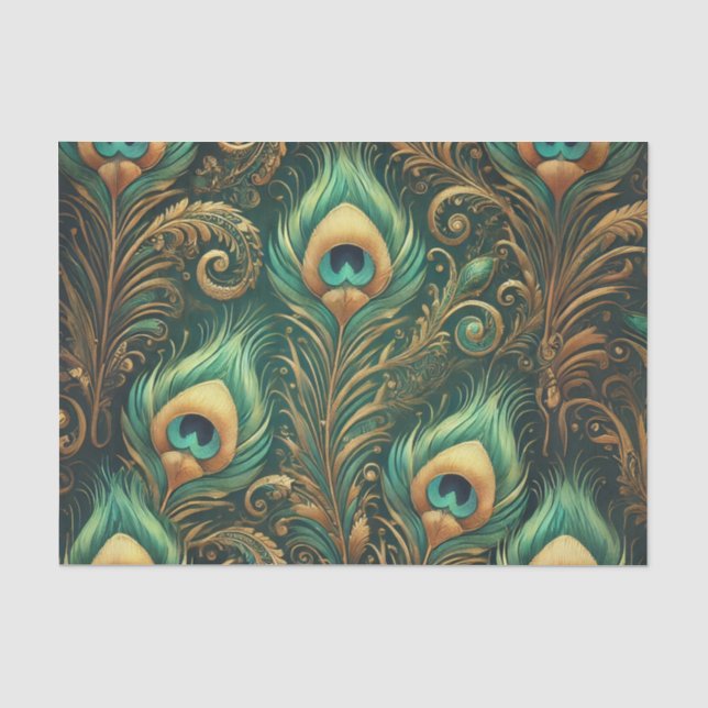Dekoupage von Green und Gold Peacock Feathers Seidenpapier (Vorderseite)