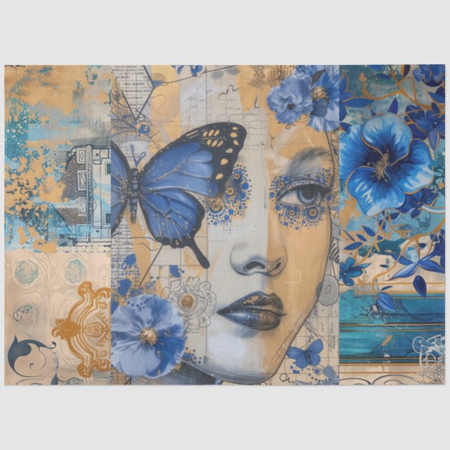 Dekoupage von Indigo Blue Abstrakt Art Collage Seidenpapier (Vorderseite)