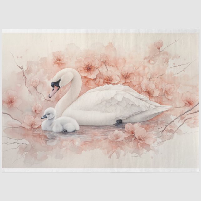 Dekoupage von Swan Cygnet und Blush Pink Blume Seidenpapier (Vorderseite)