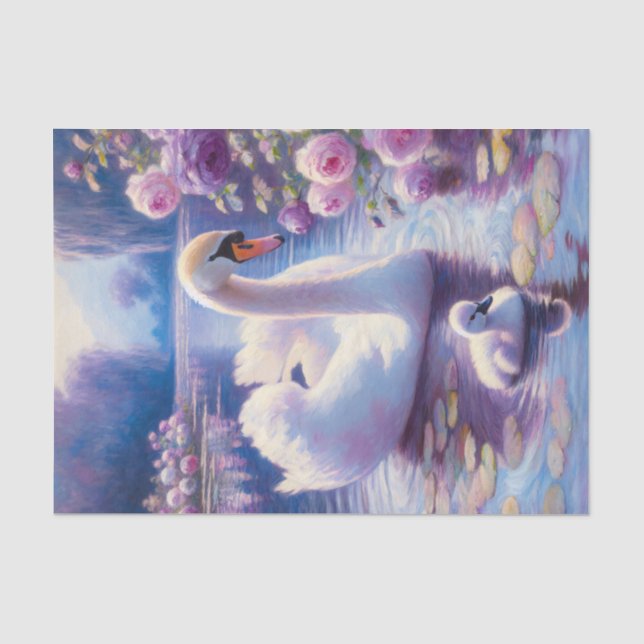 Dekoupage von White Swan und Cygnet Lila Rose Seidenpapier (Vorderseite)