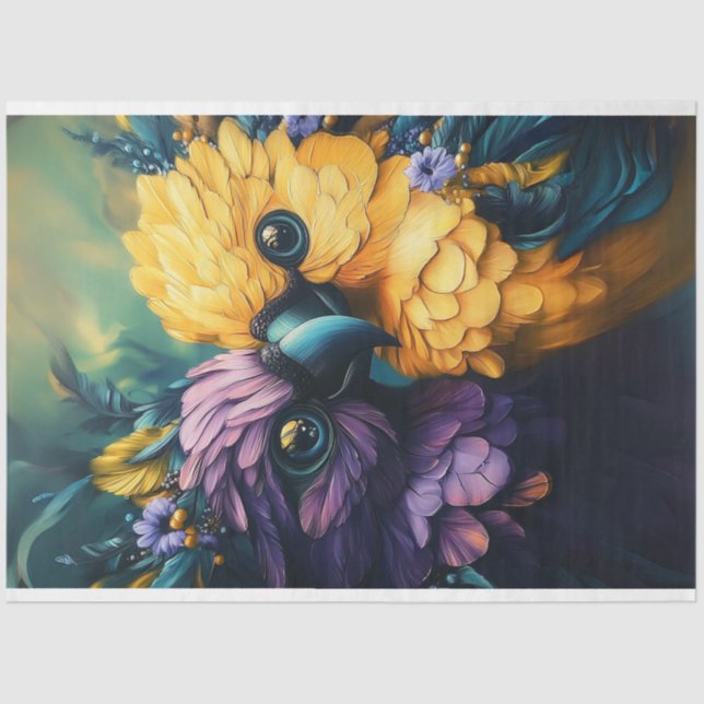 Dekoupage Whimsical Aquamarin Yellow Conure Paprot Seidenpapier (Vorderseite)