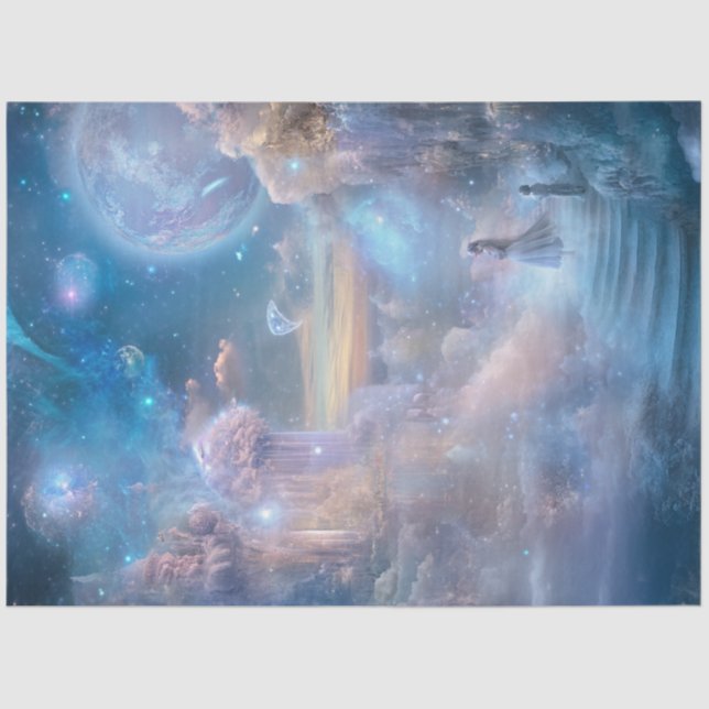 Dekoupage Whimsical Celestical Landscape Misty Blu Seidenpapier (Vorderseite)