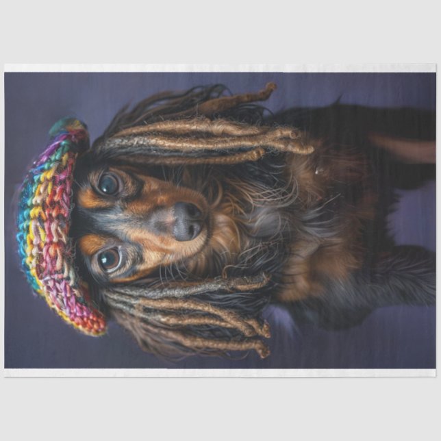 Dekoupage Whimsical Dackel mit Dreadlocks Seidenpapier (Vorderseite)